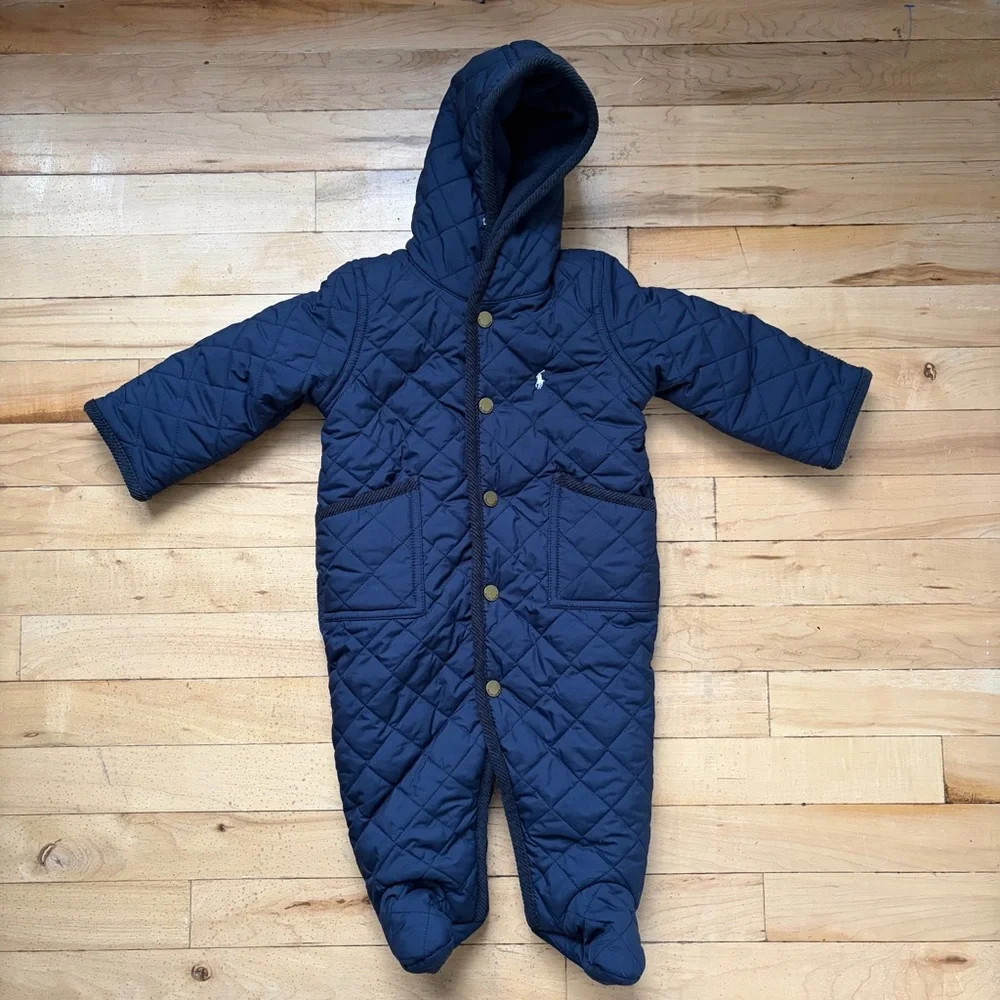 RALPH LAUREN Size 6M Baby MSRP‎ $135 Hooded Barn Bunting Navy  Quilted Snowsuit